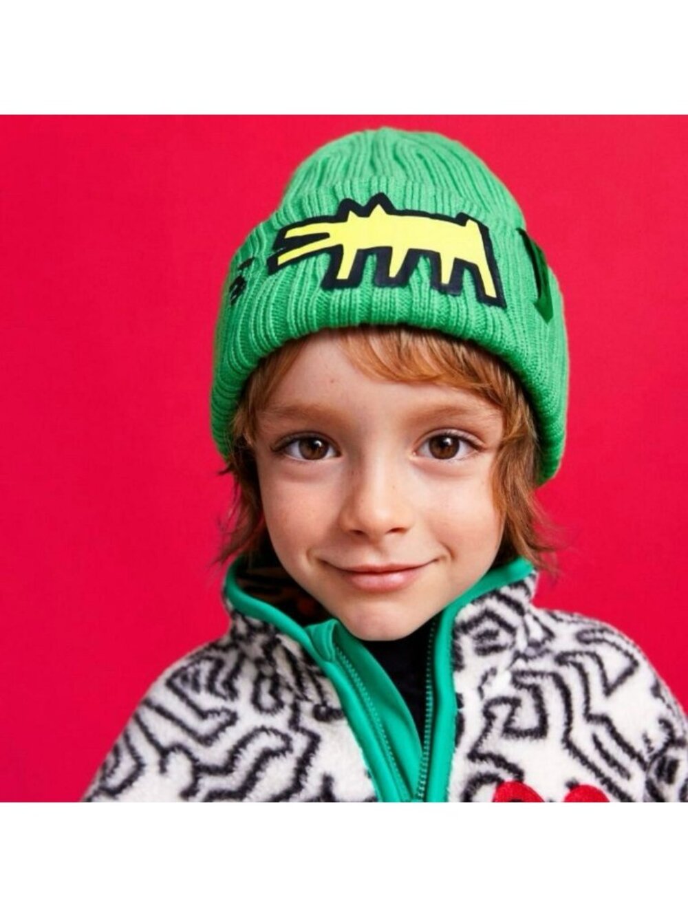 H&M x Keith Haring Green Ribbed Knit Beanie Iconic Barking Dog NWOT Youth 7-12